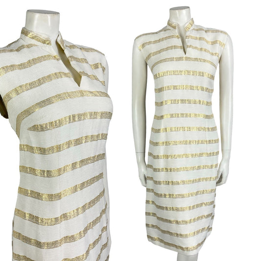 Mannequin wears a vintage 60s 70s white and gold striped mandarin collar sleeveless mod tunic shift dress. 