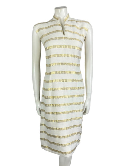 VTG 60S 70S WHITE GOLD SLEEVELESS STRIPED MANDARIN COLLAR LUREX PARTY DRESS 12