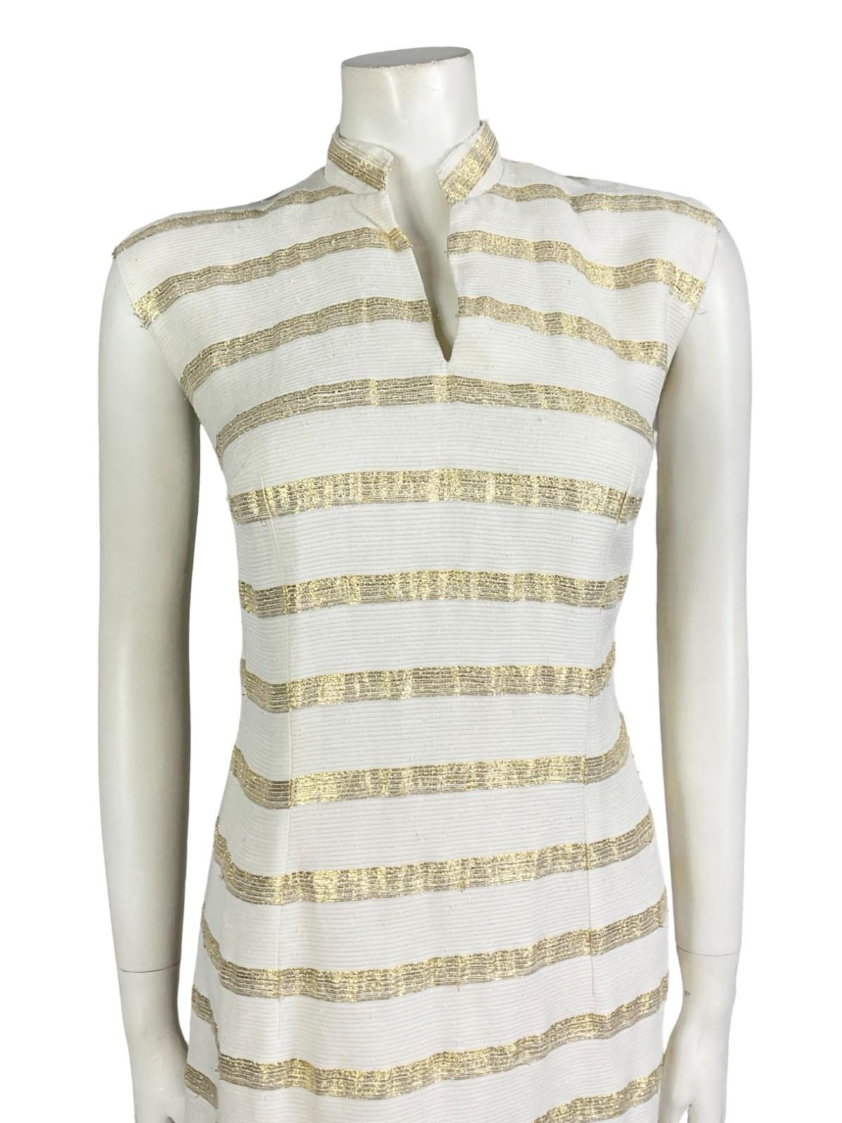 VTG 60S 70S WHITE GOLD SLEEVELESS STRIPED MANDARIN COLLAR LUREX PARTY DRESS 12