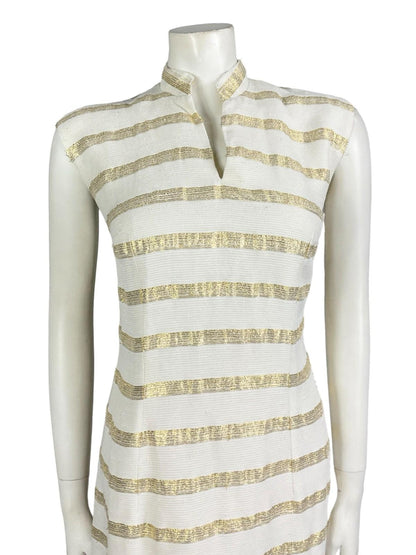 VTG 60S 70S WHITE GOLD SLEEVELESS STRIPED MANDARIN COLLAR LUREX PARTY DRESS 12