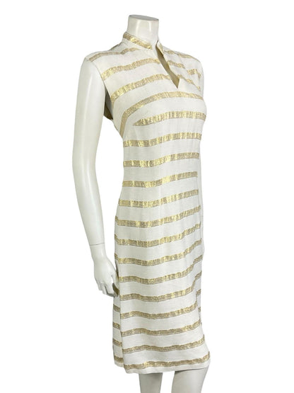 VTG 60S 70S WHITE GOLD SLEEVELESS STRIPED MANDARIN COLLAR LUREX PARTY DRESS 12