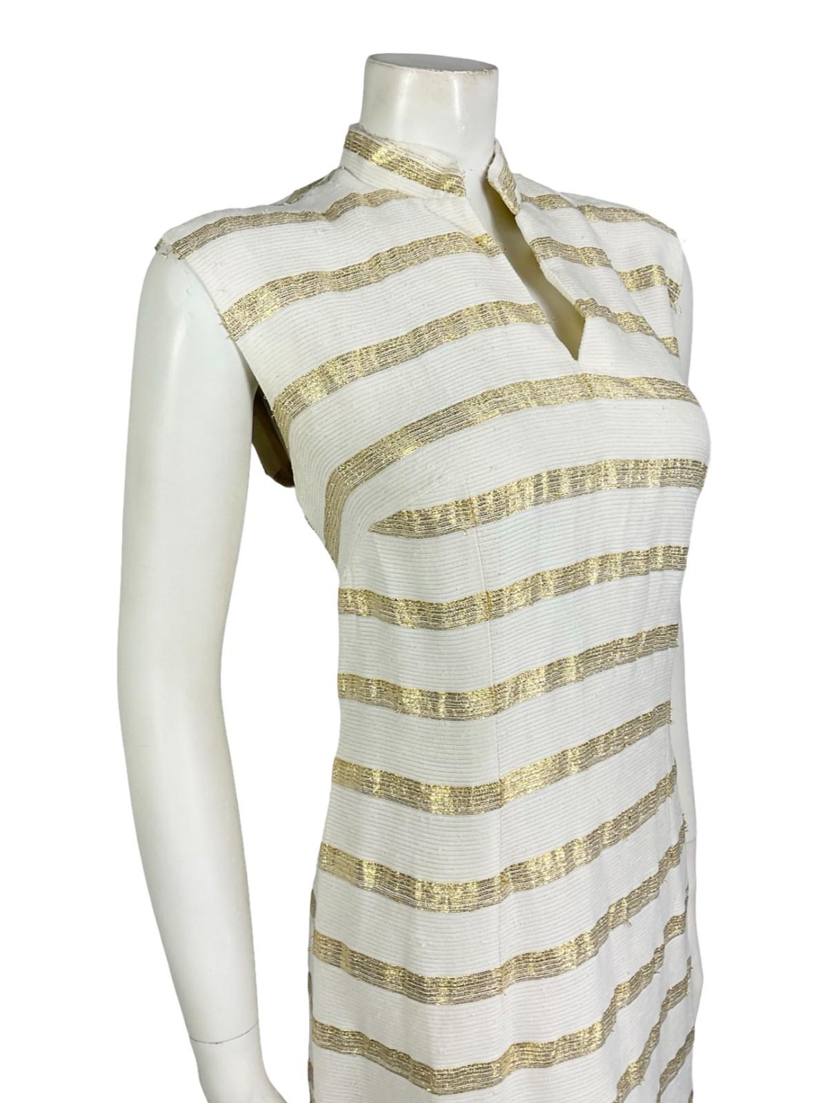 VTG 60S 70S WHITE GOLD SLEEVELESS STRIPED MANDARIN COLLAR LUREX PARTY DRESS 12
