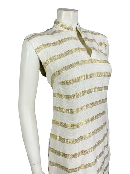 VTG 60S 70S WHITE GOLD SLEEVELESS STRIPED MANDARIN COLLAR LUREX PARTY DRESS 12