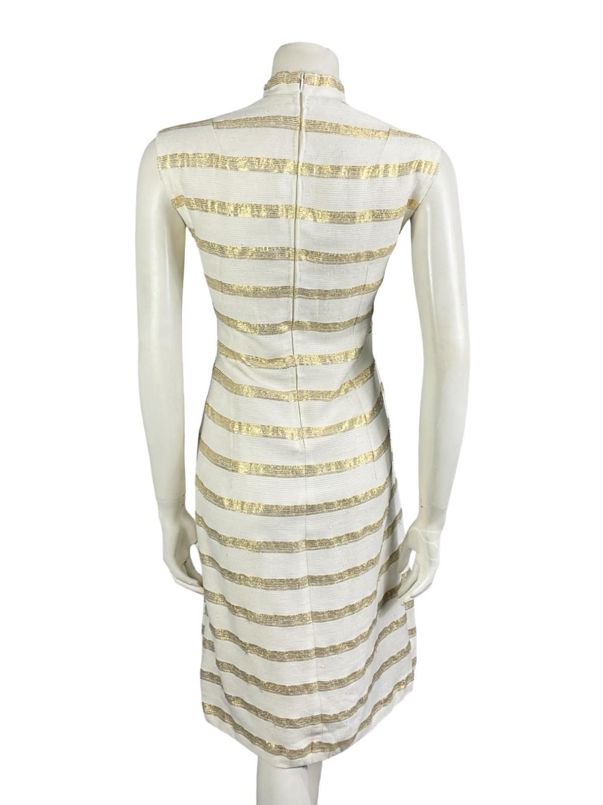 VTG 60S 70S WHITE GOLD SLEEVELESS STRIPED MANDARIN COLLAR LUREX PARTY DRESS 12