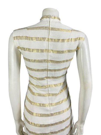 VTG 60S 70S WHITE GOLD SLEEVELESS STRIPED MANDARIN COLLAR LUREX PARTY DRESS 12