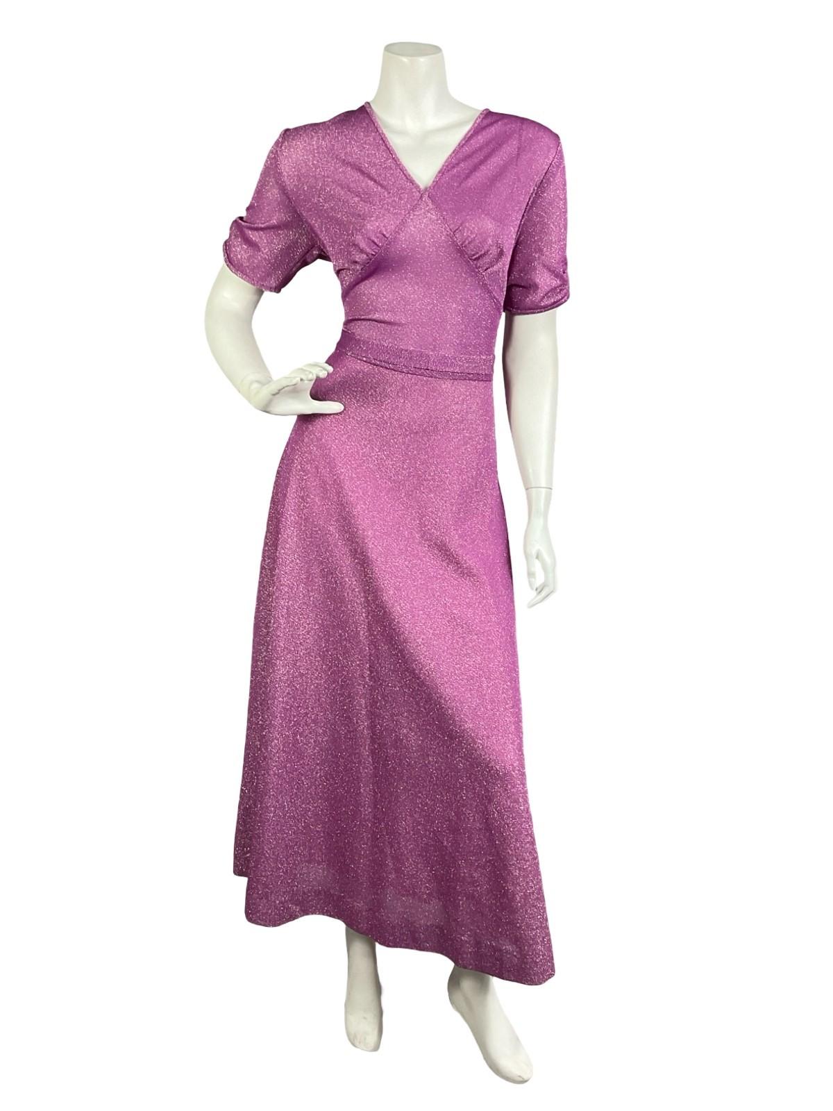 VTG 60S 70S FUCHSIA PURPLE RUCHED SHORT SLEEVE V NECK PARTY LUREX MAXI DRESS 12