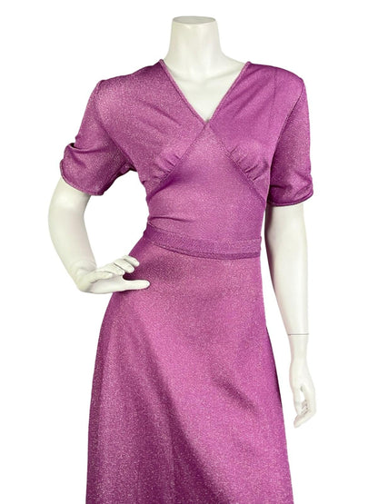 VTG 60S 70S FUCHSIA PURPLE RUCHED SHORT SLEEVE V NECK PARTY LUREX MAXI DRESS 12