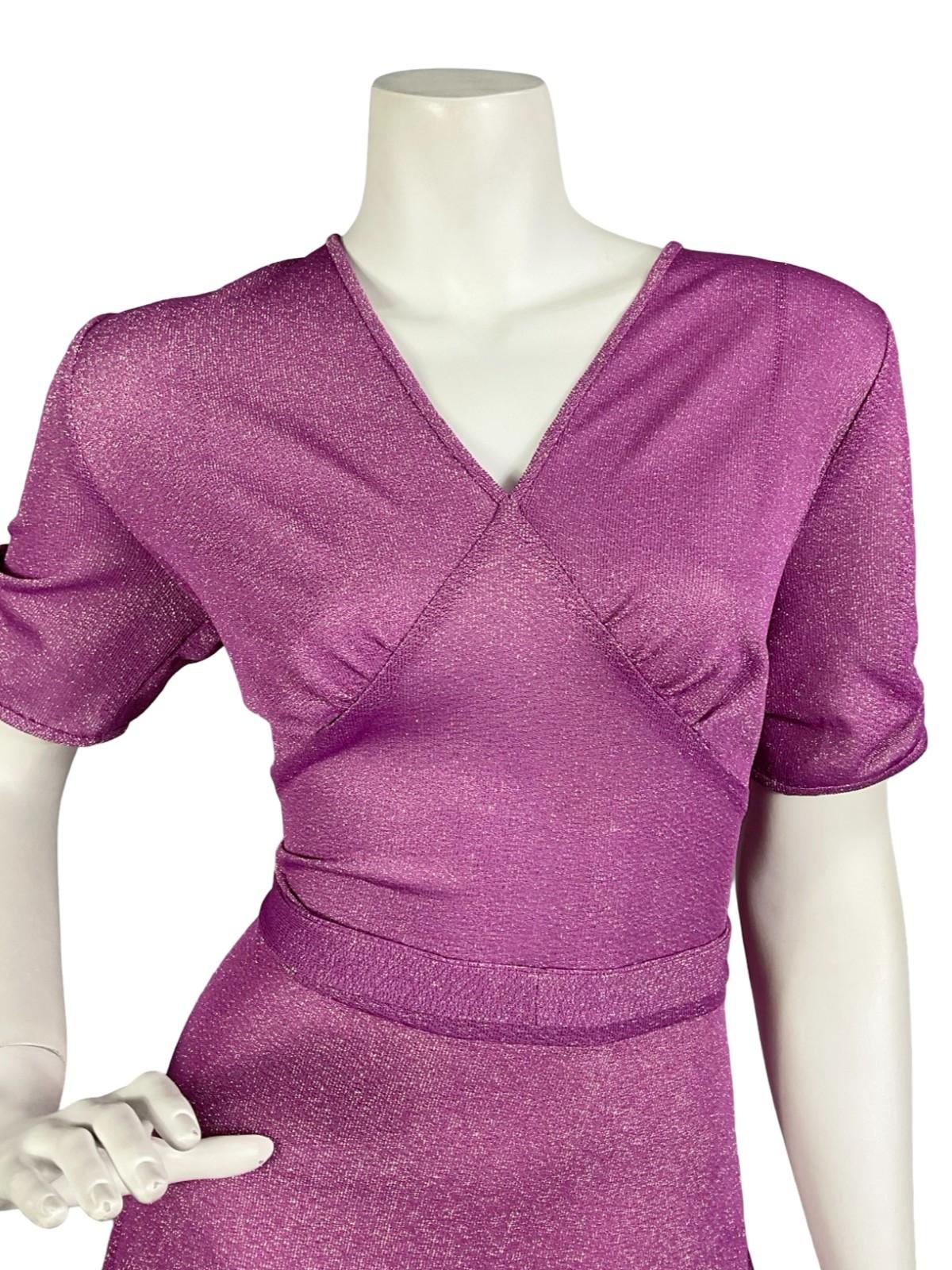 VTG 60S 70S FUCHSIA PURPLE RUCHED SHORT SLEEVE V NECK PARTY LUREX MAXI DRESS 12