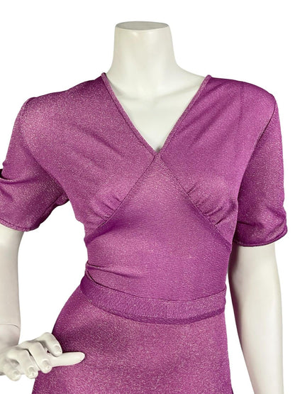VTG 60S 70S FUCHSIA PURPLE RUCHED SHORT SLEEVE V NECK PARTY LUREX MAXI DRESS 12