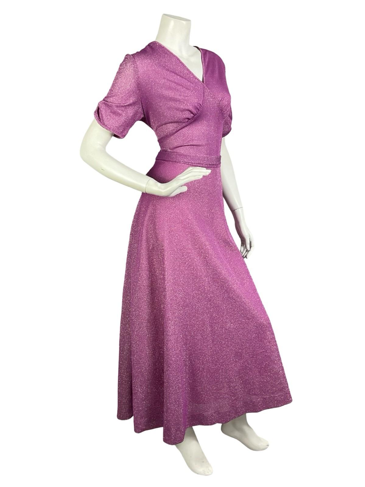 VTG 60S 70S FUCHSIA PURPLE RUCHED SHORT SLEEVE V NECK PARTY LUREX MAXI DRESS 12