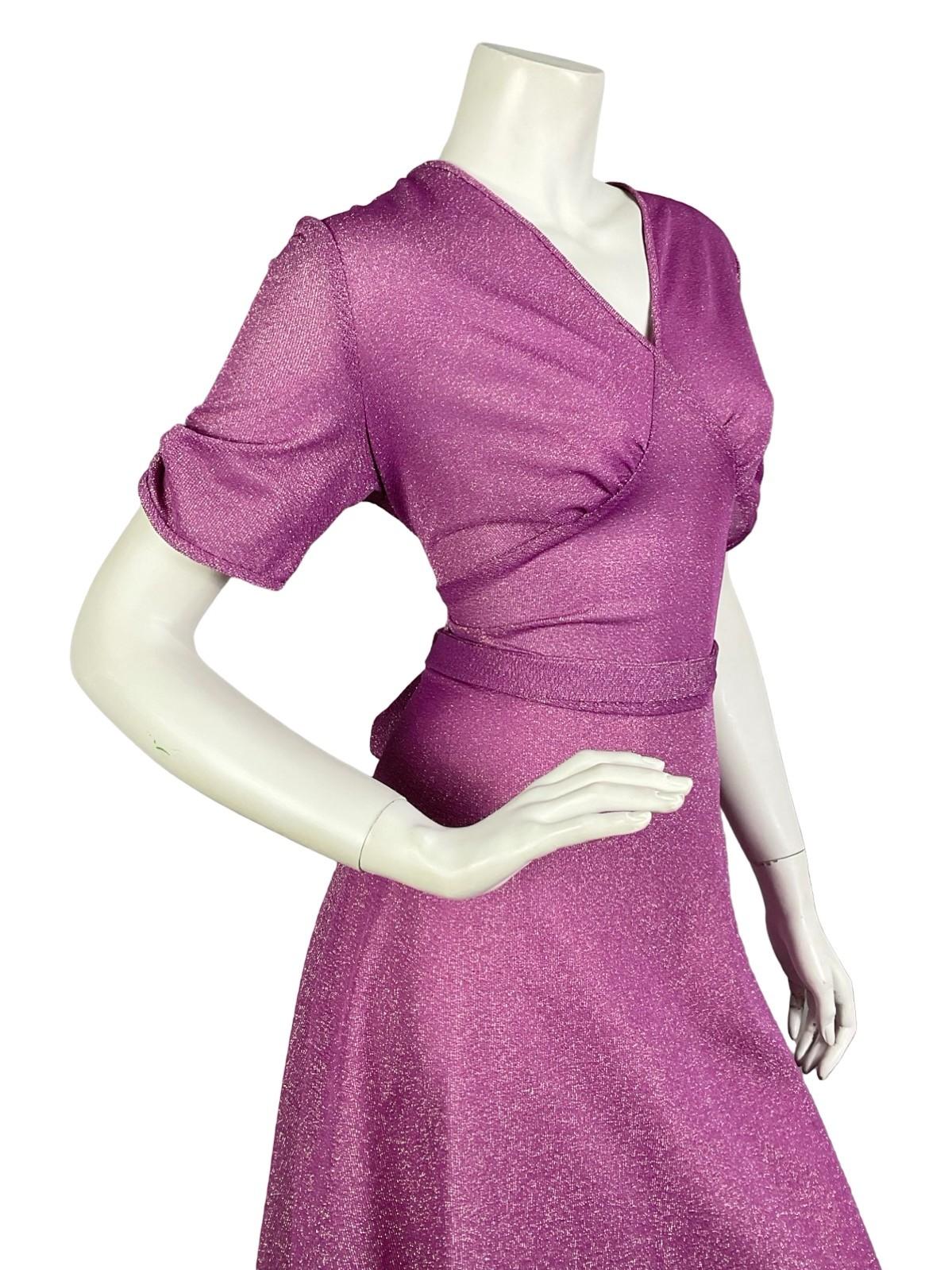 VTG 60S 70S FUCHSIA PURPLE RUCHED SHORT SLEEVE V NECK PARTY LUREX MAXI DRESS 12