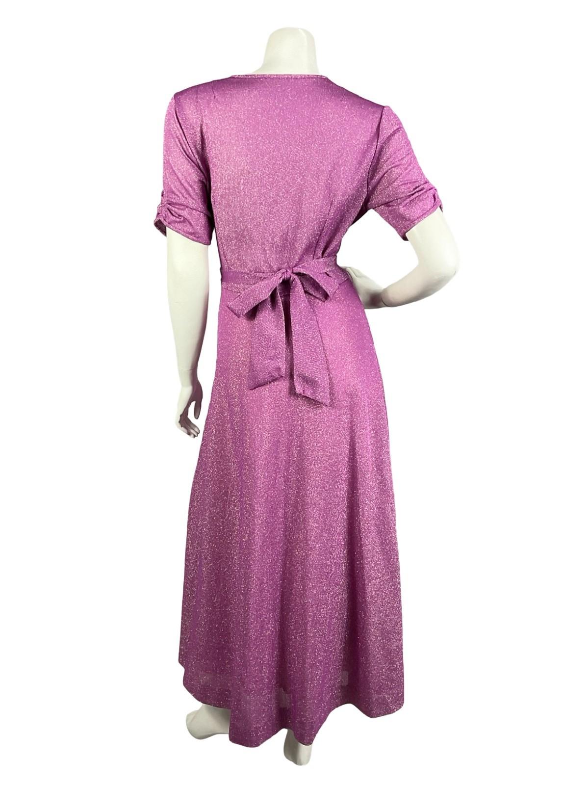 VTG 60S 70S FUCHSIA PURPLE RUCHED SHORT SLEEVE V NECK PARTY LUREX MAXI DRESS 12
