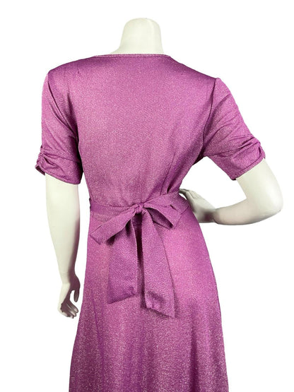 VTG 60S 70S FUCHSIA PURPLE RUCHED SHORT SLEEVE V NECK PARTY LUREX MAXI DRESS 12