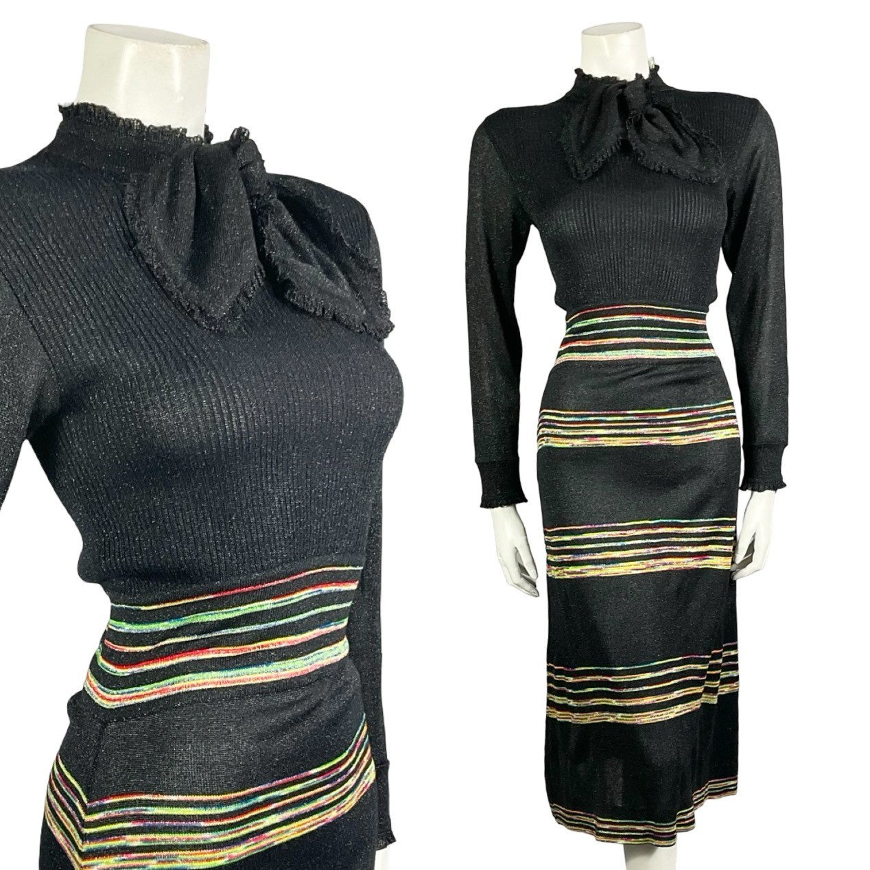 Mannequin wears a vintage 60s 70s black glittery lurex knitted midi dress with a pussybow neck tie and rainbow horizontal stripe print.