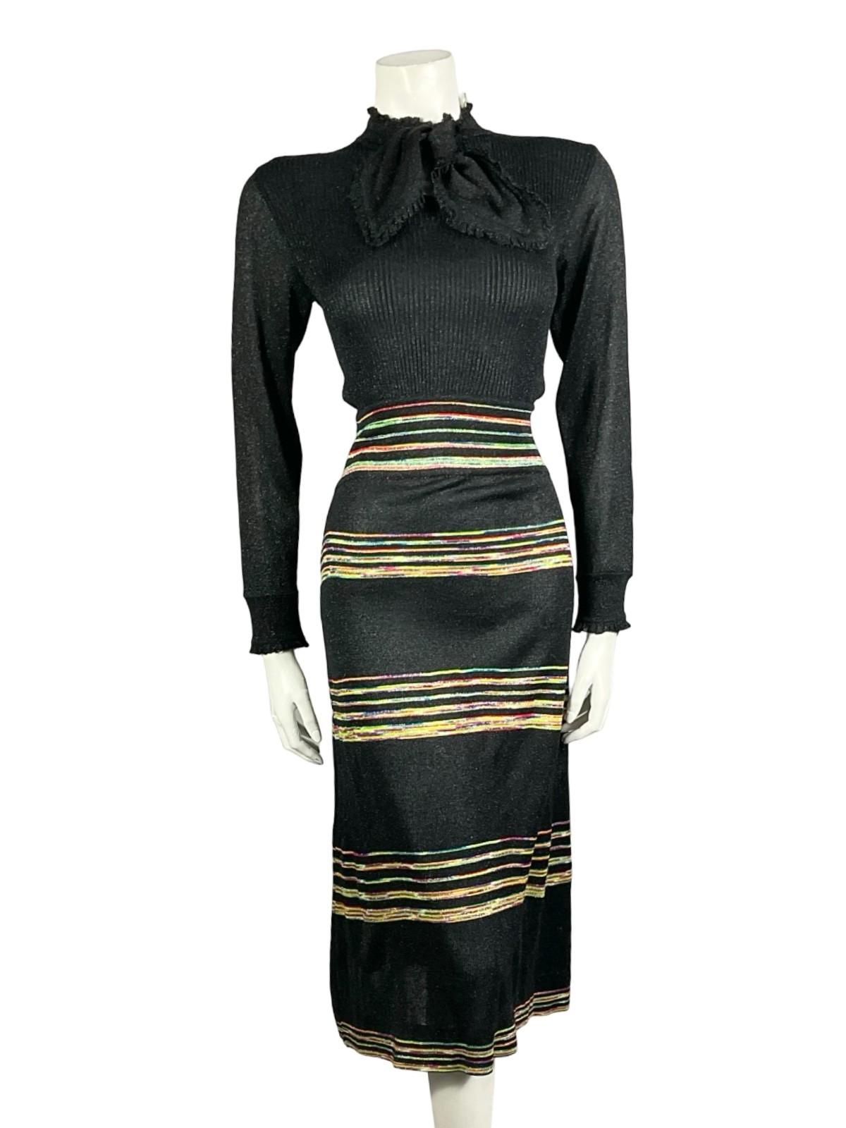 VTG 60S 70S BLACK YELLOW GREEN RED BLUE LUREX PUSSYBOW STRIPED KNITTED DRESS 10