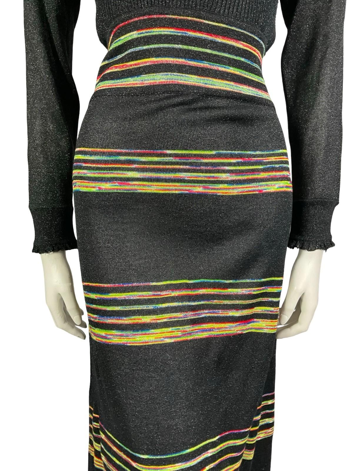 VTG 60S 70S BLACK YELLOW GREEN RED BLUE LUREX PUSSYBOW STRIPED KNITTED DRESS 10