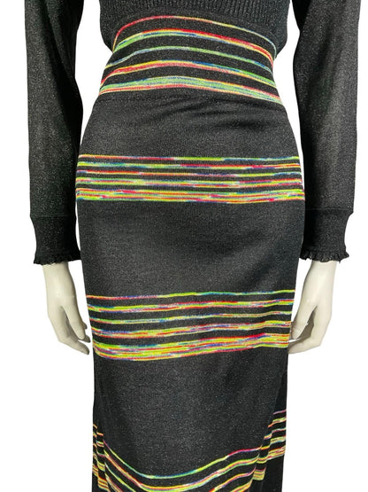 VTG 60S 70S BLACK YELLOW GREEN RED BLUE LUREX PUSSYBOW STRIPED KNITTED DRESS 10