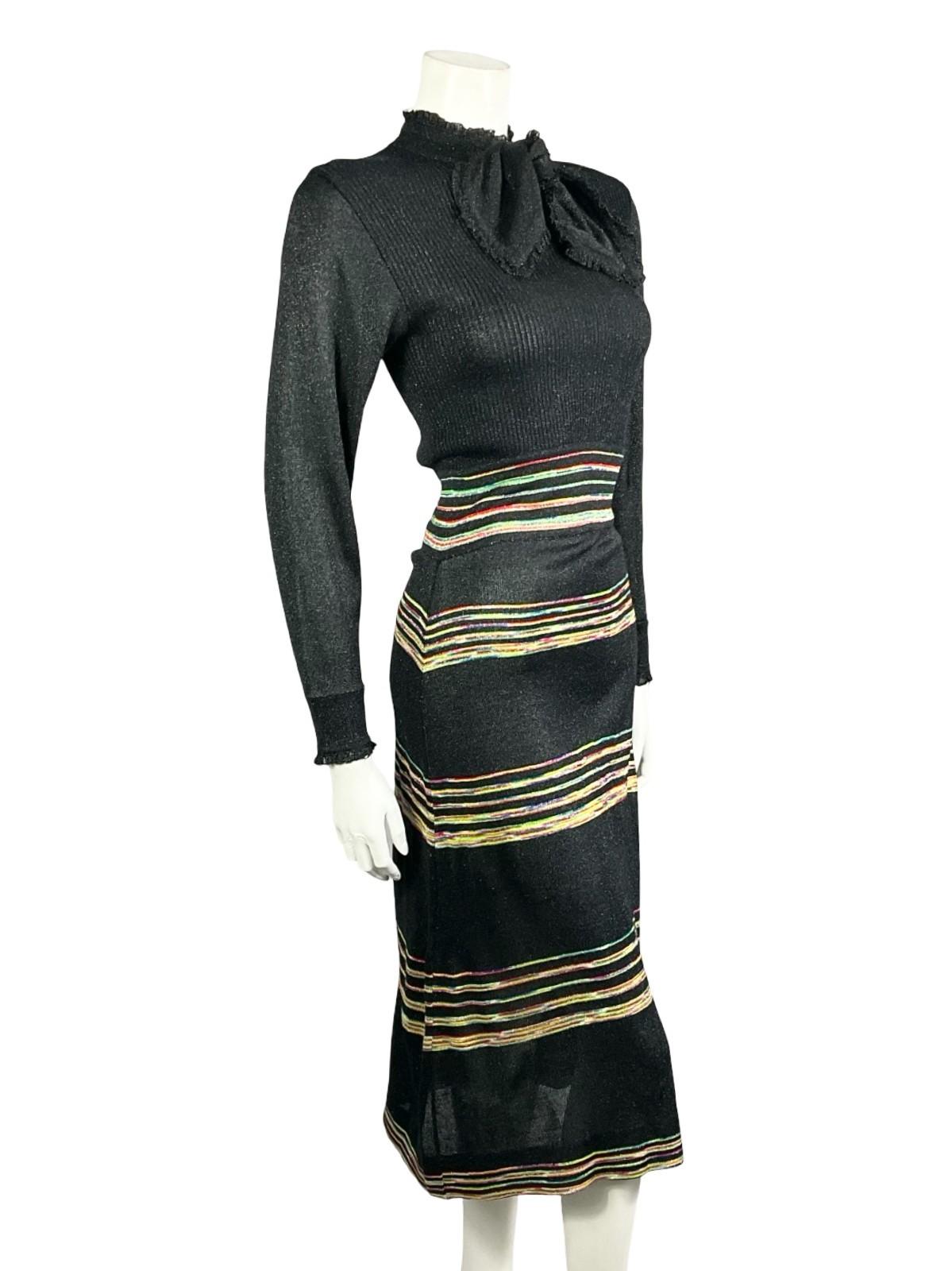 VTG 60S 70S BLACK YELLOW GREEN RED BLUE LUREX PUSSYBOW STRIPED KNITTED DRESS 10