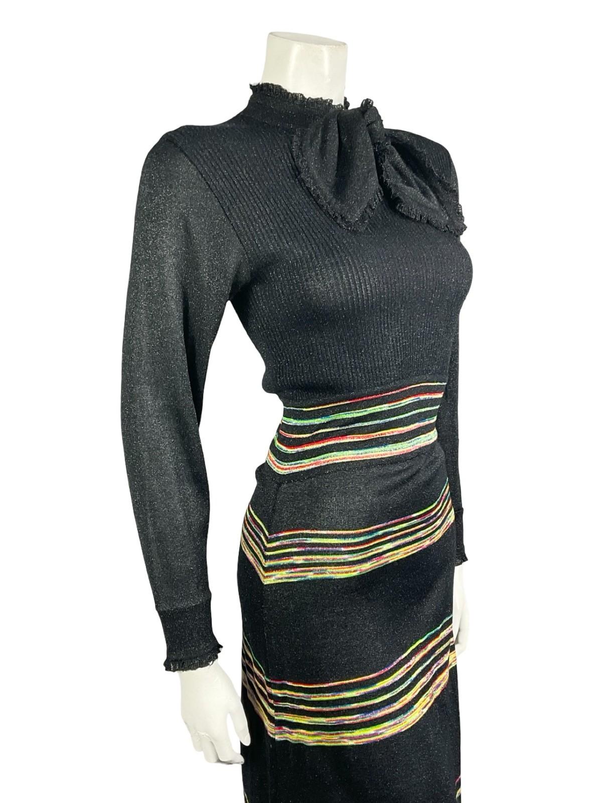 VTG 60S 70S BLACK YELLOW GREEN RED BLUE LUREX PUSSYBOW STRIPED KNITTED DRESS 10