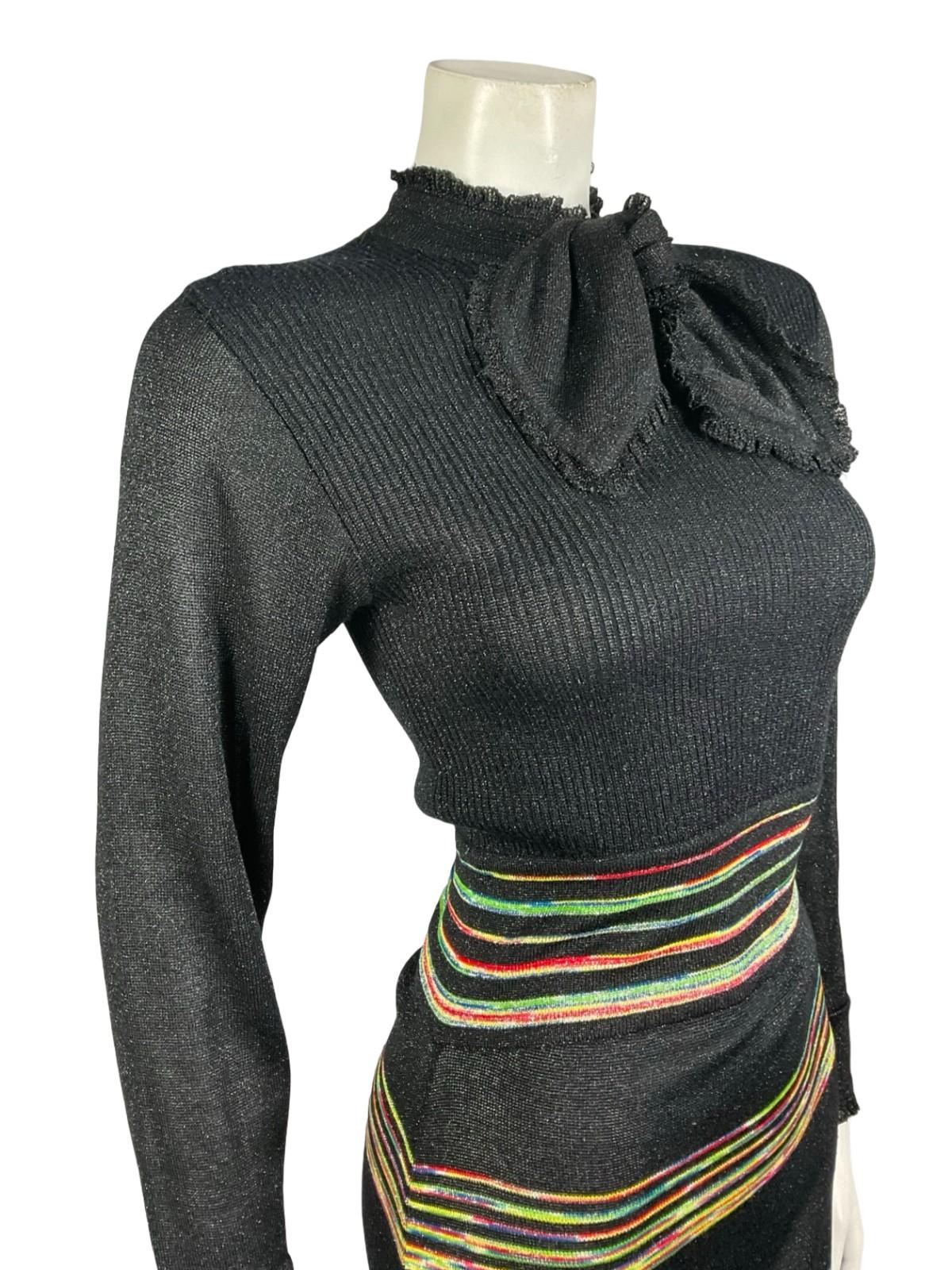 VTG 60S 70S BLACK YELLOW GREEN RED BLUE LUREX PUSSYBOW STRIPED KNITTED DRESS 10
