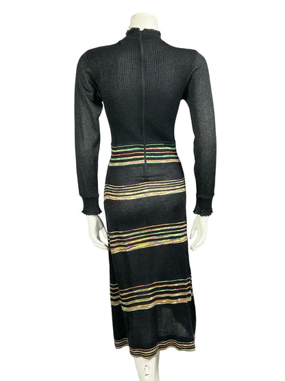 VTG 60S 70S BLACK YELLOW GREEN RED BLUE LUREX PUSSYBOW STRIPED KNITTED DRESS 10