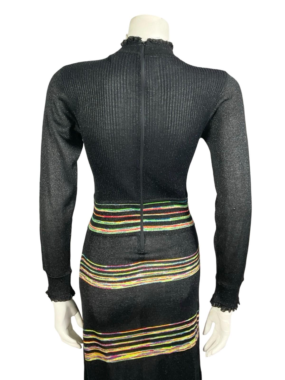 VTG 60S 70S BLACK YELLOW GREEN RED BLUE LUREX PUSSYBOW STRIPED KNITTED DRESS 10
