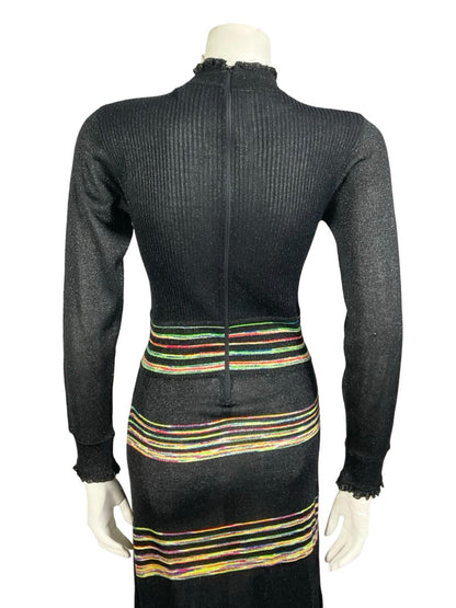 VTG 60S 70S BLACK YELLOW GREEN RED BLUE LUREX PUSSYBOW STRIPED KNITTED DRESS 10