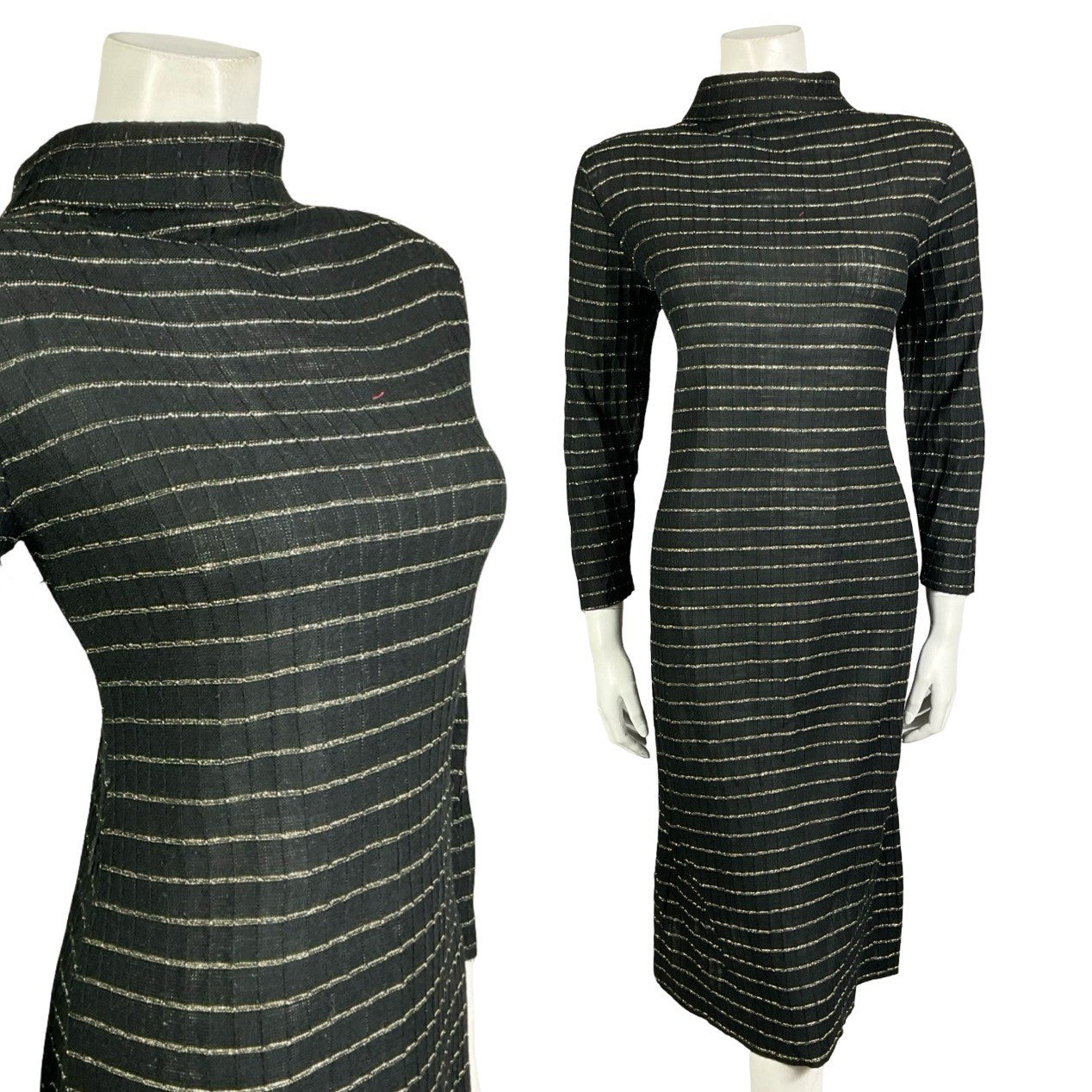 Mannequin wears a black and gold striped lurex knitted long sleeve turtleneck party dress. 