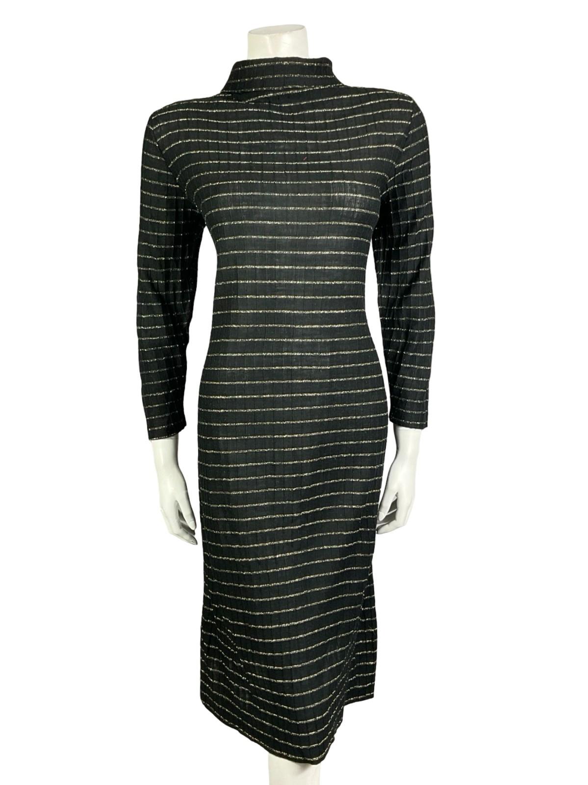 VTG 60S 70S BLAC GOLD STRIPED LUREX KNITTED STRETCHY TURTLENECK PARTY DRESS 16