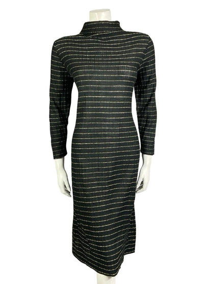VTG 60S 70S BLAC GOLD STRIPED LUREX KNITTED STRETCHY TURTLENECK PARTY DRESS 16