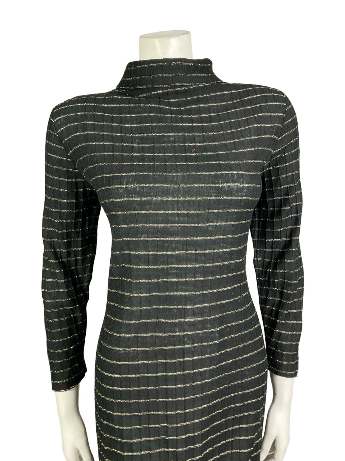 VTG 60S 70S BLAC GOLD STRIPED LUREX KNITTED STRETCHY TURTLENECK PARTY DRESS 16