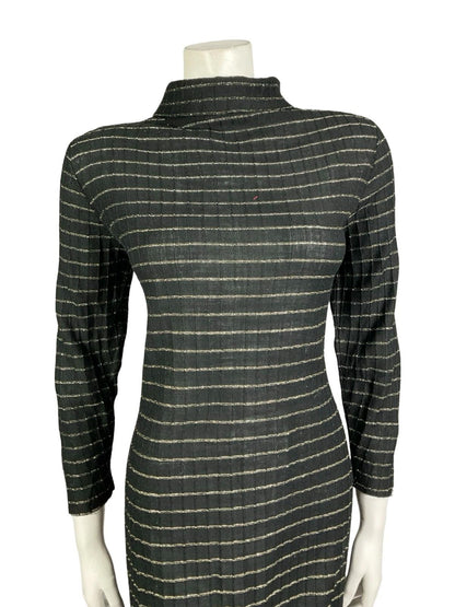 VTG 60S 70S BLAC GOLD STRIPED LUREX KNITTED STRETCHY TURTLENECK PARTY DRESS 16