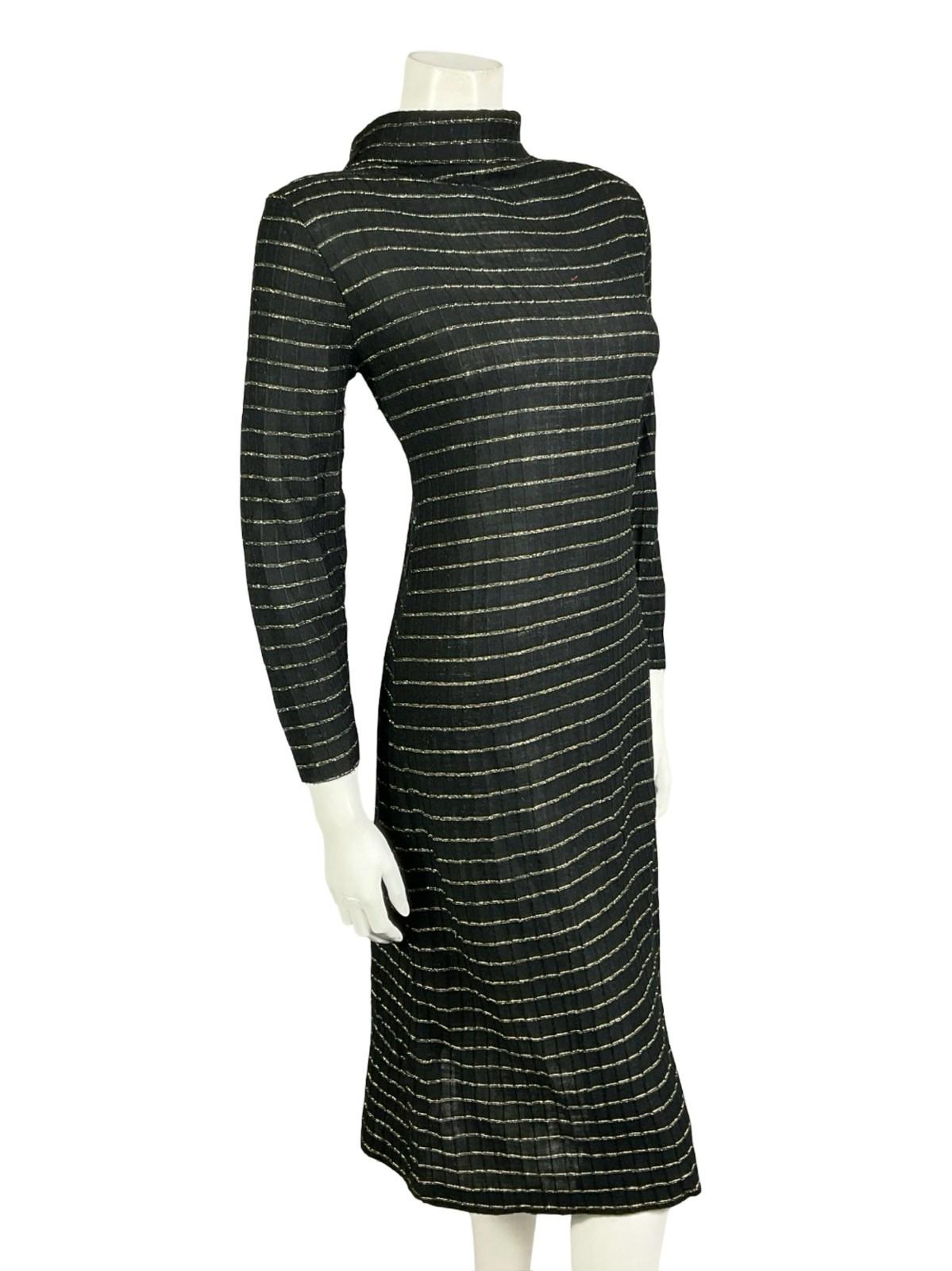 VTG 60S 70S BLAC GOLD STRIPED LUREX KNITTED STRETCHY TURTLENECK PARTY DRESS 16