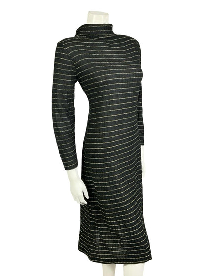 VTG 60S 70S BLAC GOLD STRIPED LUREX KNITTED STRETCHY TURTLENECK PARTY DRESS 16