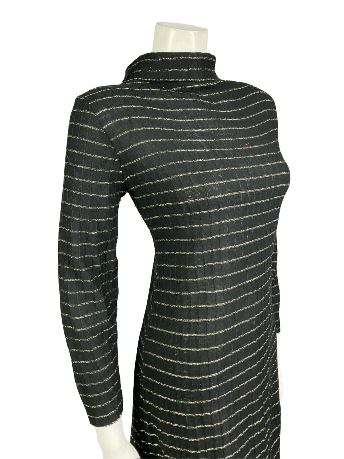 VTG 60S 70S BLAC GOLD STRIPED LUREX KNITTED STRETCHY TURTLENECK PARTY DRESS 16