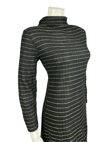 VTG 60S 70S BLAC GOLD STRIPED LUREX KNITTED STRETCHY TURTLENECK PARTY DRESS 16