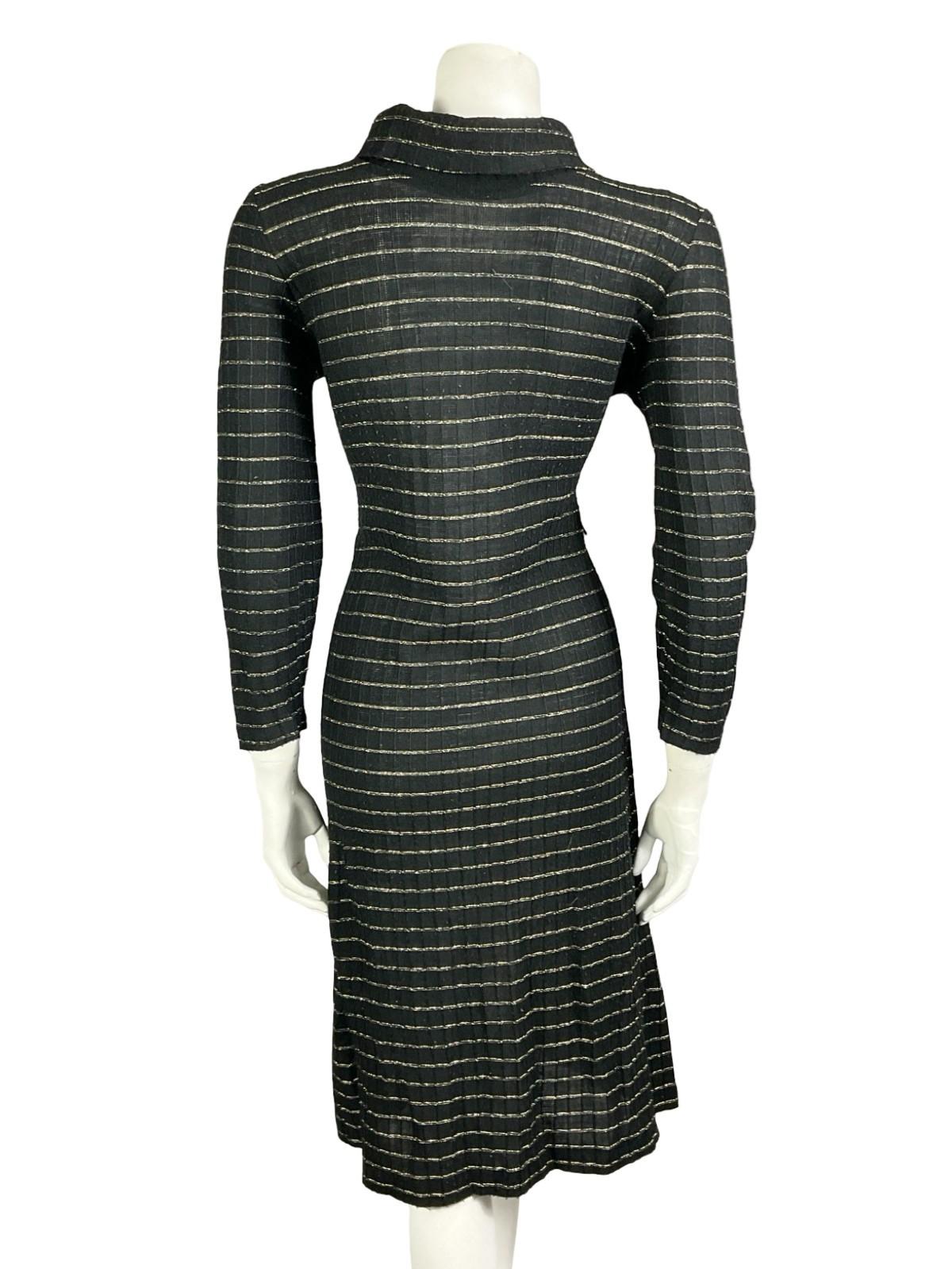 VTG 60S 70S BLAC GOLD STRIPED LUREX KNITTED STRETCHY TURTLENECK PARTY DRESS 16