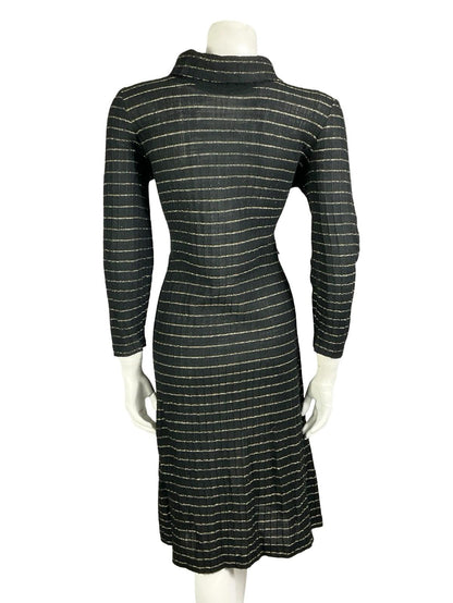 VTG 60S 70S BLAC GOLD STRIPED LUREX KNITTED STRETCHY TURTLENECK PARTY DRESS 16