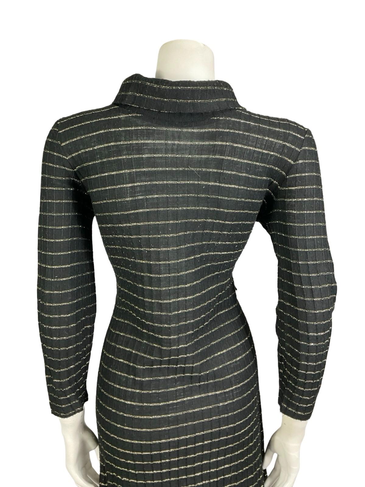VTG 60S 70S BLAC GOLD STRIPED LUREX KNITTED STRETCHY TURTLENECK PARTY DRESS 16