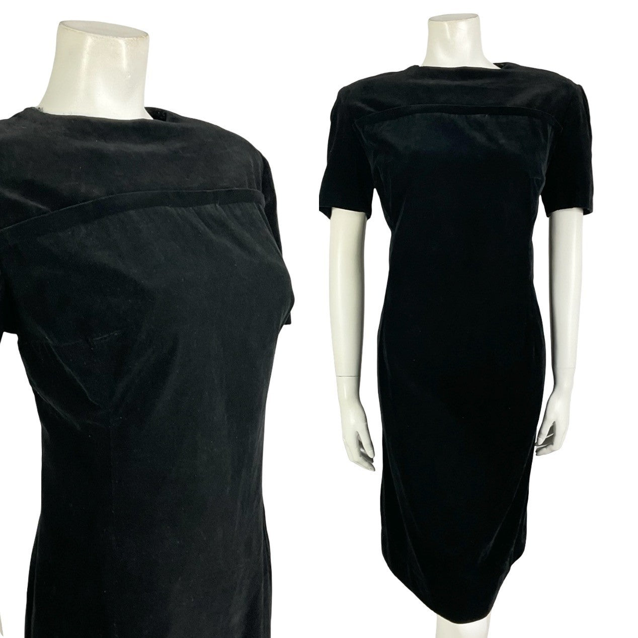 Mannequin wears a classic vintage 60s 70s short sleeve black velvet shift dress. 
