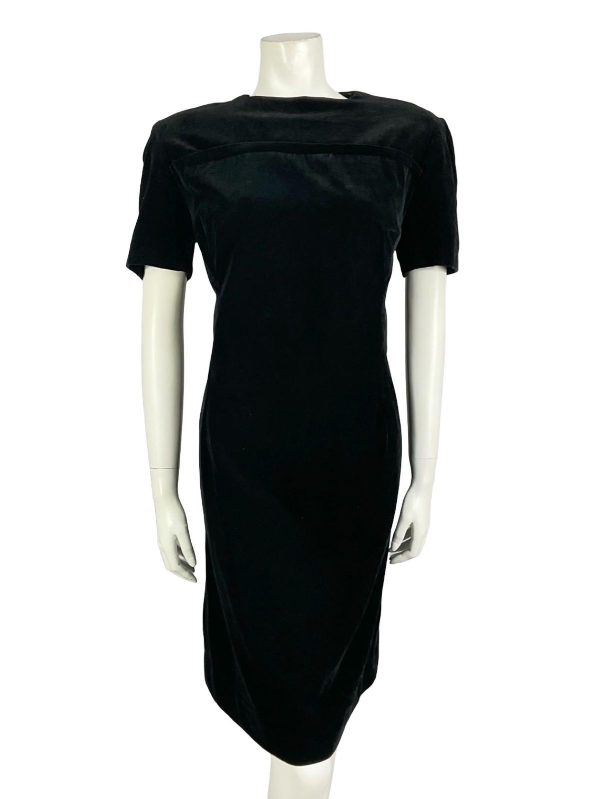 VTG 60S 70S BLACK VELVET MOD MONOCHROME SHORT SLEEVE SHIFT MINI PARTY DRESS 12