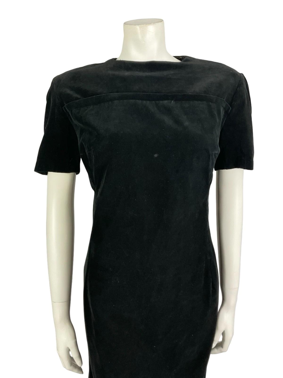 VTG 60S 70S BLACK VELVET MOD MONOCHROME SHORT SLEEVE SHIFT MINI PARTY DRESS 12