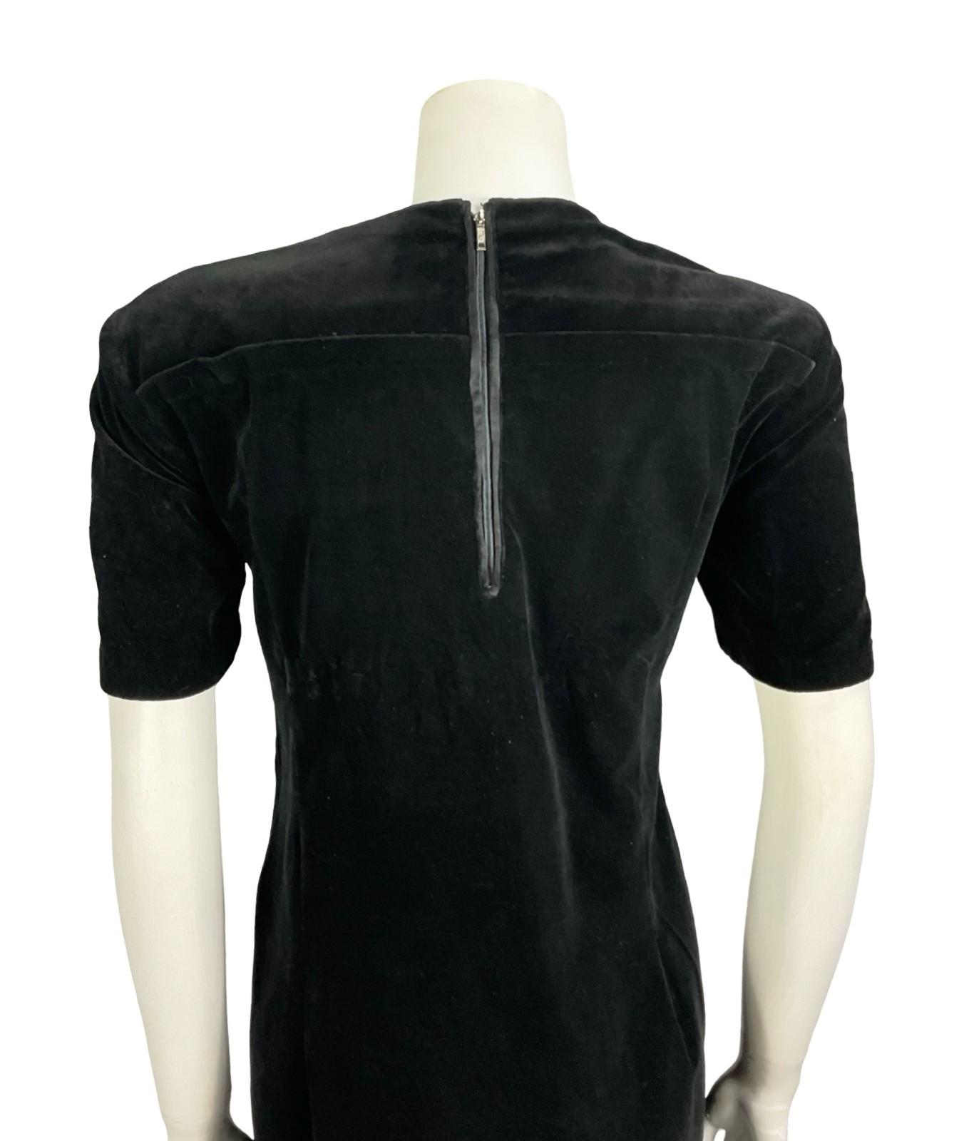 VTG 60S 70S BLACK VELVET MOD MONOCHROME SHORT SLEEVE SHIFT MINI PARTY DRESS 12