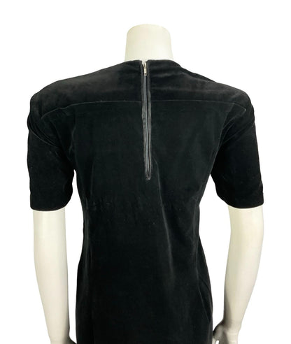 VTG 60S 70S BLACK VELVET MOD MONOCHROME SHORT SLEEVE SHIFT MINI PARTY DRESS 12