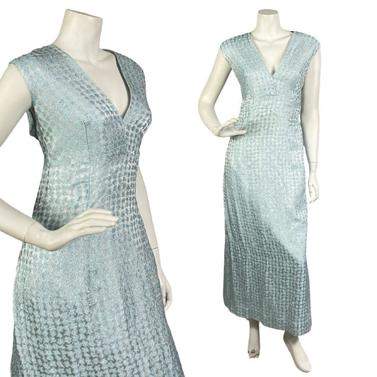 VTG 60S 70S BLUE SILVER GLITTERY LUREX PLUNGING EMPIRE SLEEVELESS MAXI DRESS 14