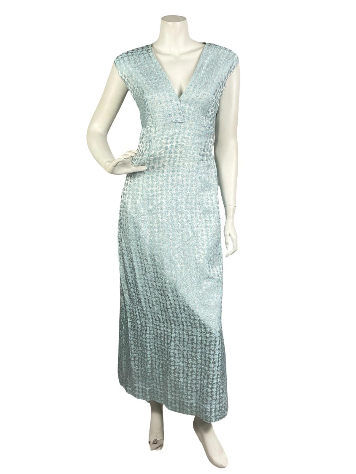 VTG 60S 70S BLUE SILVER GLITTERY LUREX PLUNGING EMPIRE SLEEVELESS MAXI DRESS 14
