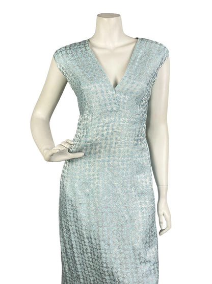 VTG 60S 70S BLUE SILVER GLITTERY LUREX PLUNGING EMPIRE SLEEVELESS MAXI DRESS 14