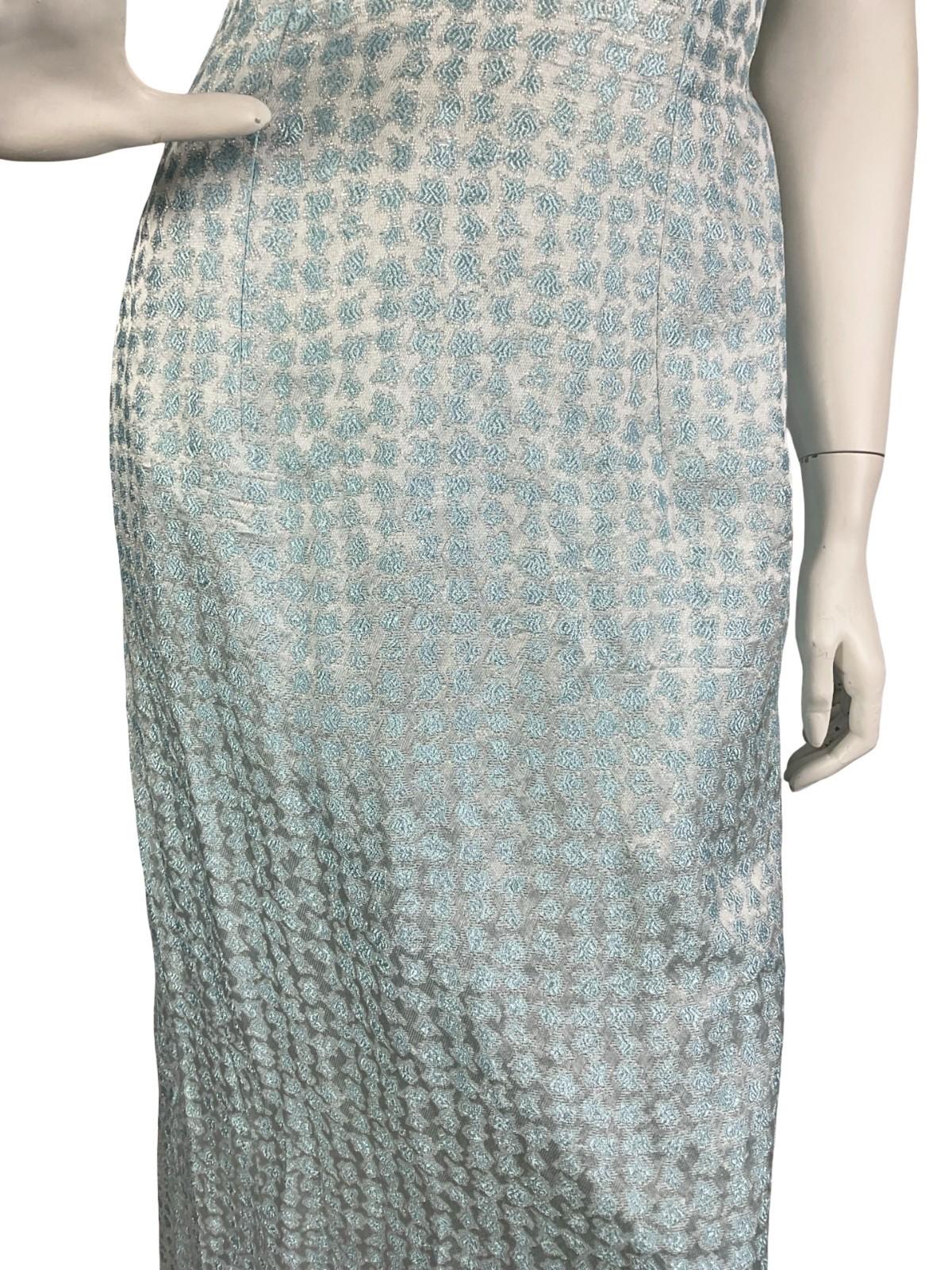 VTG 60S 70S BLUE SILVER GLITTERY LUREX PLUNGING EMPIRE SLEEVELESS MAXI DRESS 14