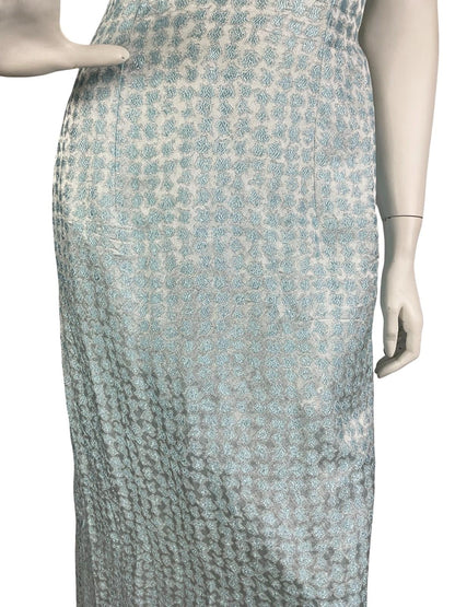 VTG 60S 70S BLUE SILVER GLITTERY LUREX PLUNGING EMPIRE SLEEVELESS MAXI DRESS 14
