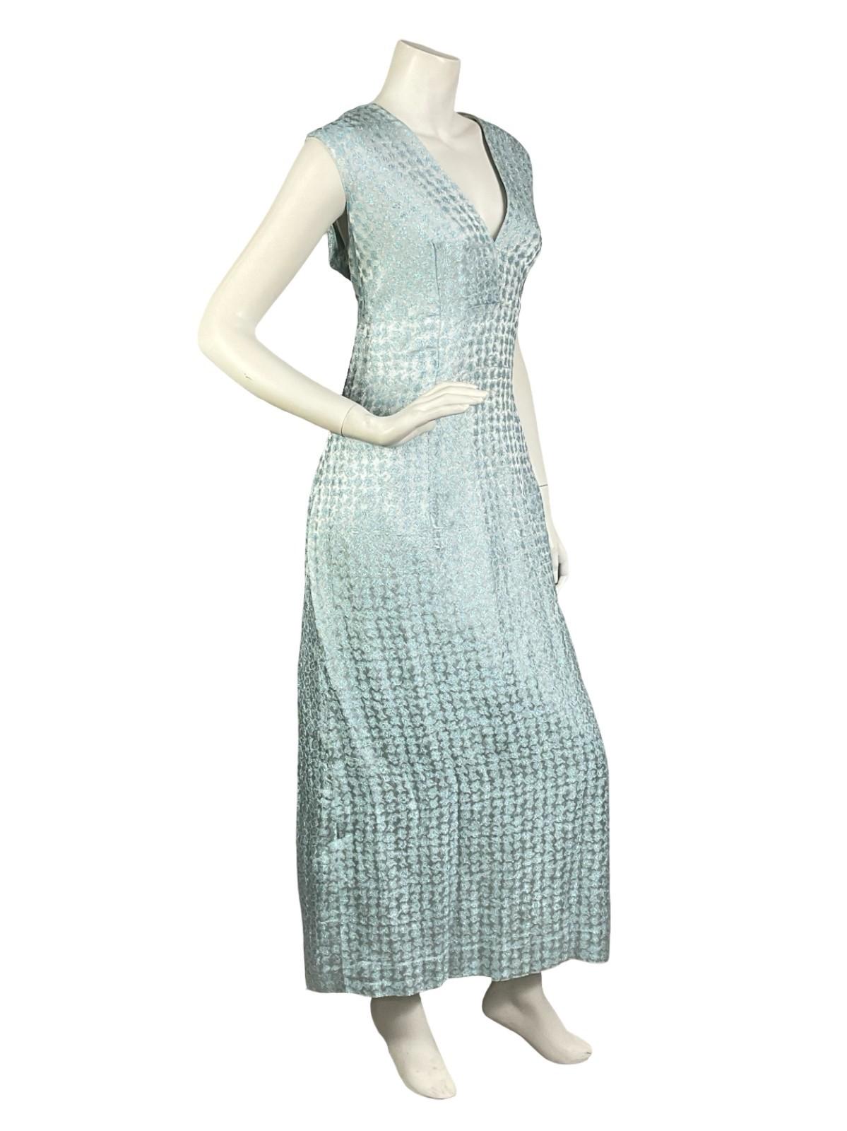 VTG 60S 70S BLUE SILVER GLITTERY LUREX PLUNGING EMPIRE SLEEVELESS MAXI DRESS 14